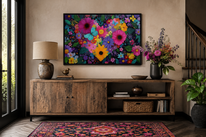Colorful purple floral heart wall art with butterflies on a canvas above a wooden sideboard.