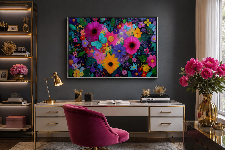 Colorful purple floral heart wall art with butterflies on a dark wall above a white desk.