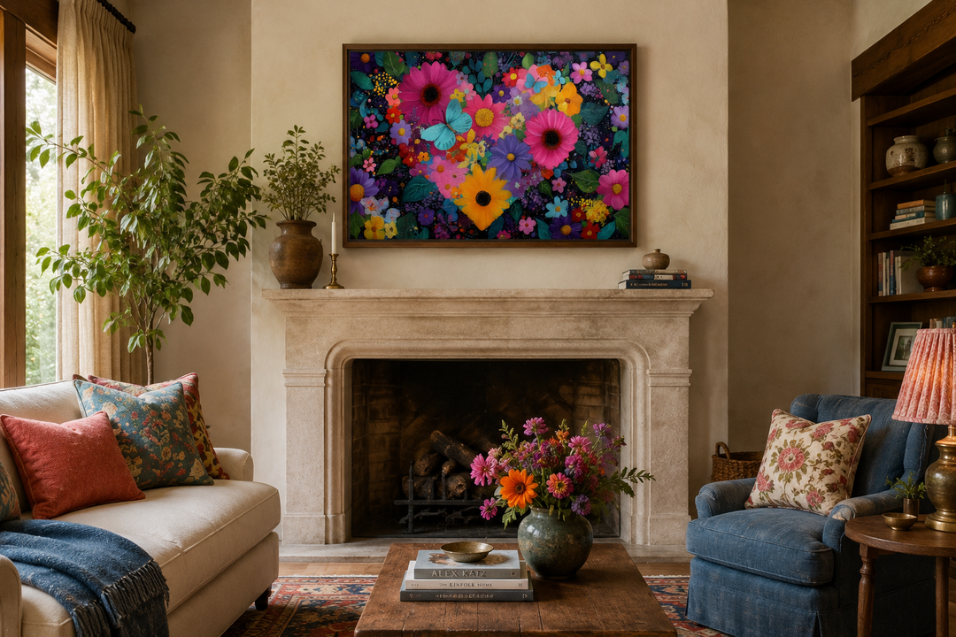 Colorful floral heart wall art with butterflies on a canvas above a stone fireplace in a cozy room.