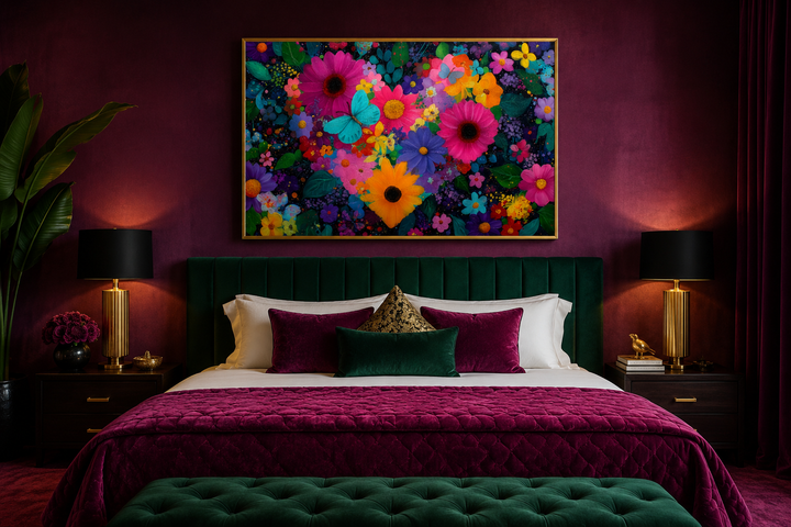Colorful purple floral heart wall art with butterflies on a dark purple wall above a green bed.