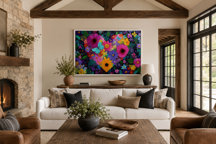 Colorful purple floral heart wall art with butterflies on a canvas in a rustic living room.