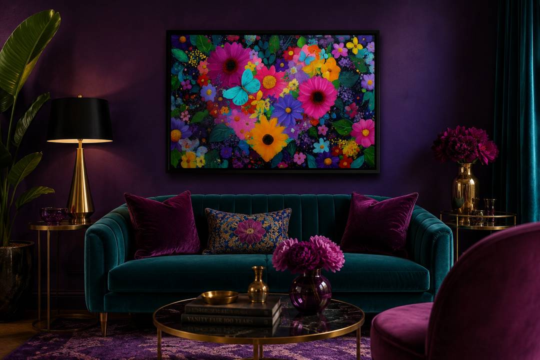 Colorful floral heart wall art with butterflies on a canvas in a purple living room.