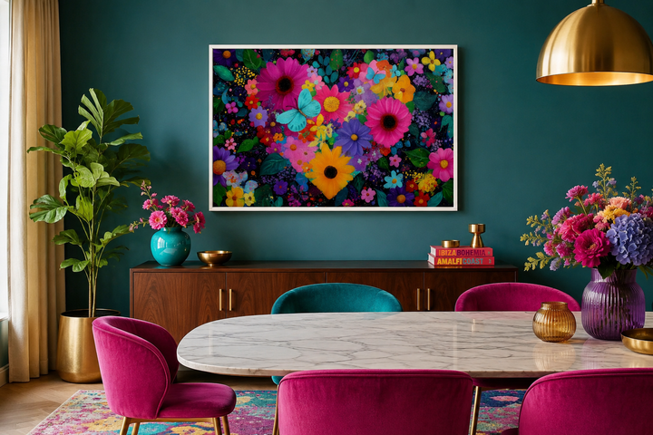 Colorful floral heart wall art with butterflies in a vibrant dining room with teal walls.