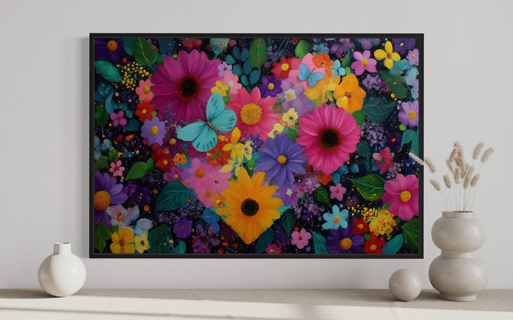 Colorful floral heart wall art with butterflies on canvas, framed and displayed on a white wall.