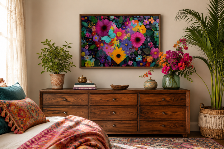 Colorful purple floral heart wall art with butterflies on canvas above a wooden dresser.