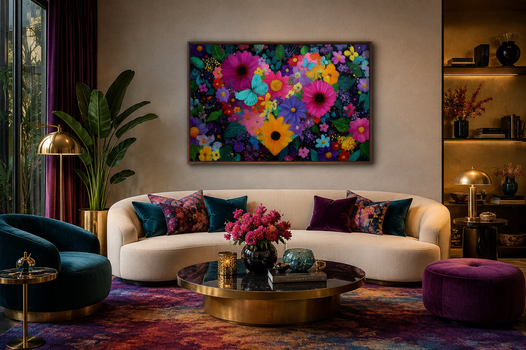 Colorful purple floral heart wall art with butterflies on a canvas in a modern living room.