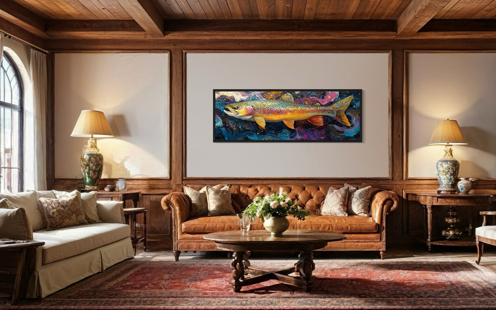 Colorful rainbow trout fish framed canvas wall art.