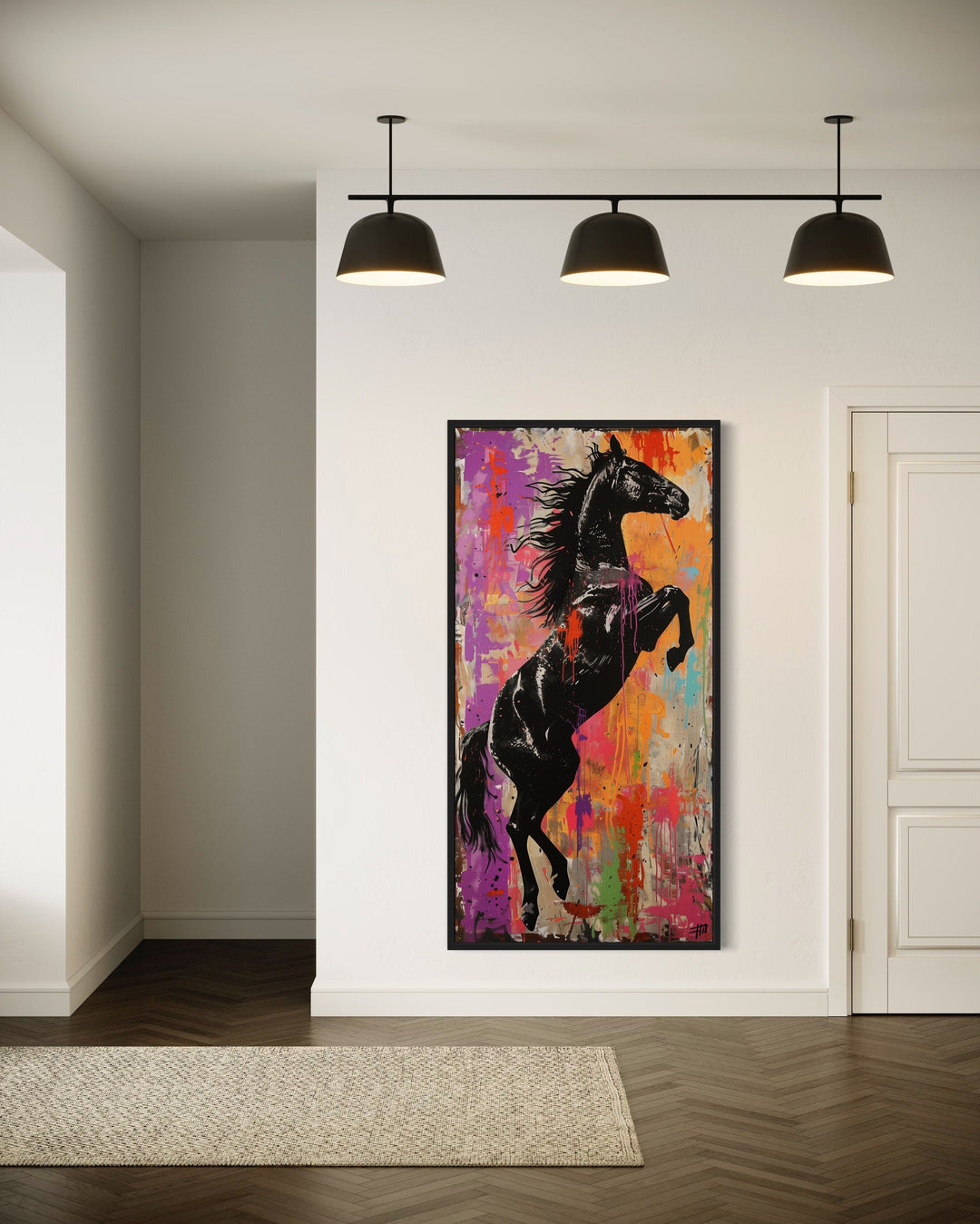 Colorful Rearing Horse Graffiti Framed Canvas Wall Art in living room