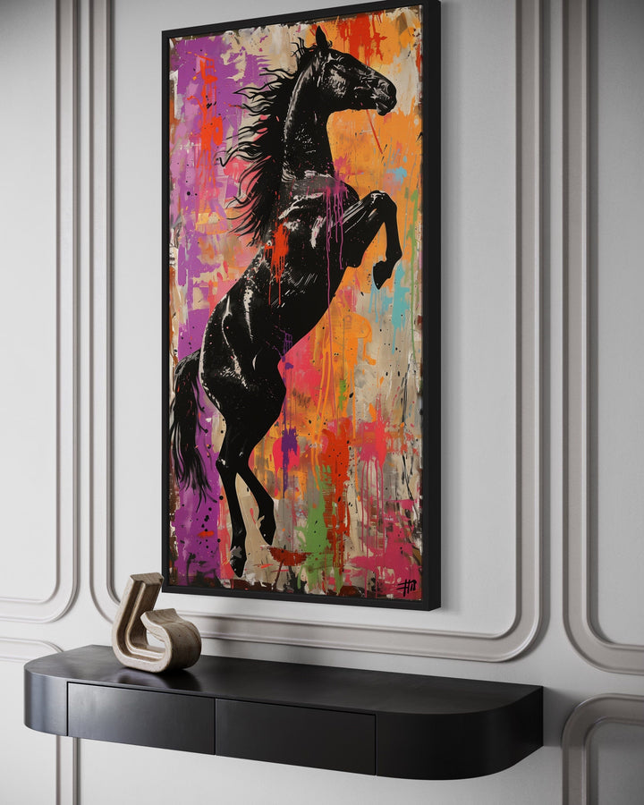 Colorful Rearing Horse Graffiti Framed Canvas Wall Art close up side view