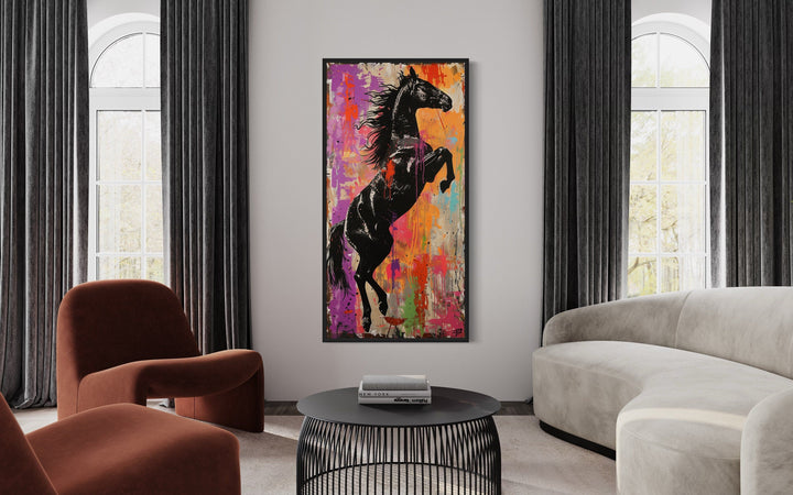 Colorful Rearing Horse Graffiti Framed Canvas Wall Art in living room