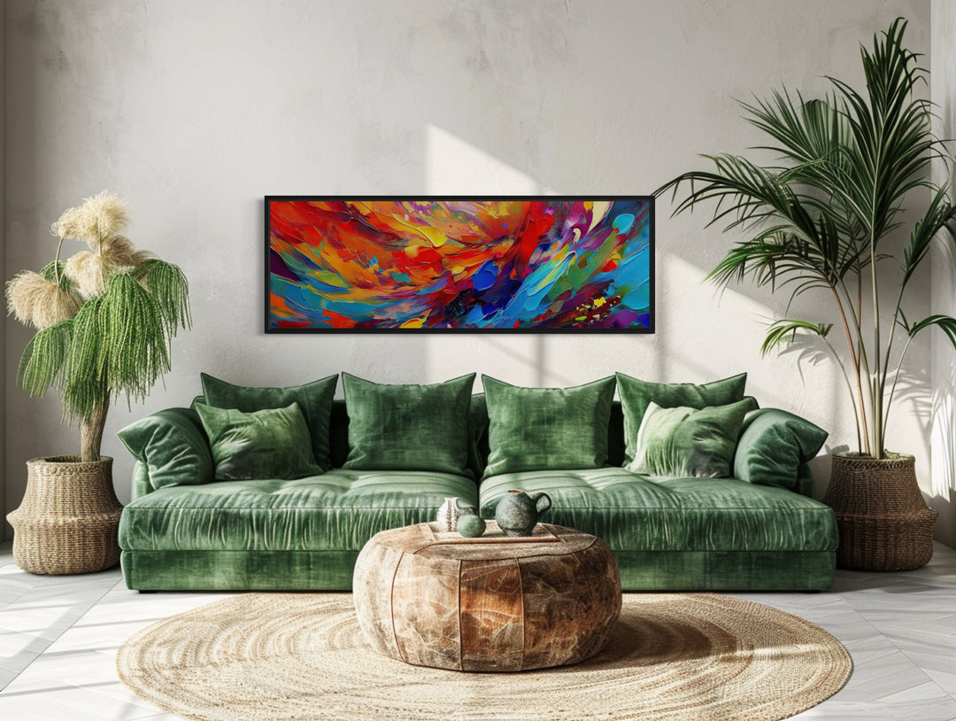 Colorful Red Blue Abstract Painting Long Narrow Framed Canvas Wall Art