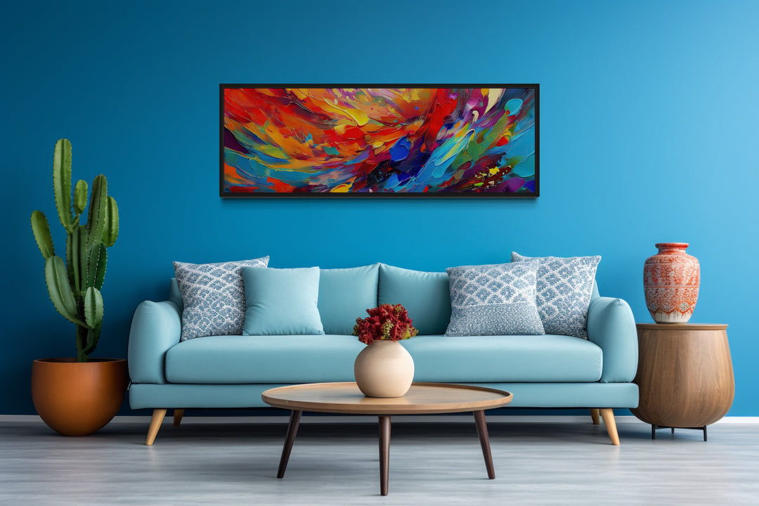 Colorful Red Blue Abstract Painting Long Narrow Framed Canvas Wall Art