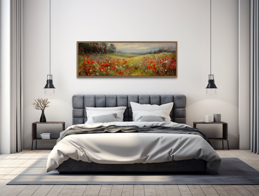 Wall Art For Bedroom - Colorful Red Wildflowers Field Vintage Horizontal Framed Canvas Wall Art