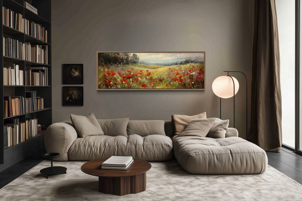 Colorful Red Wildflowers Field Vintage Horizontal Framed Canvas Wall Art