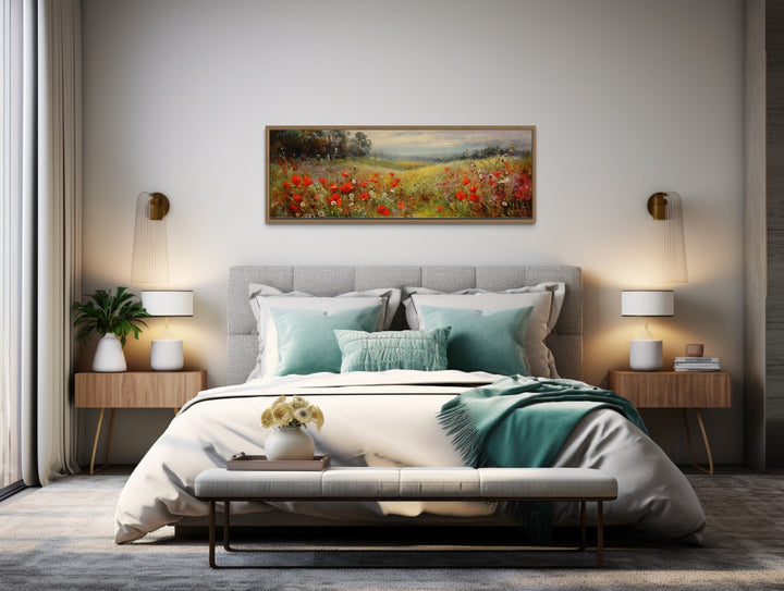 Wall Art For Bedroom - Colorful Red Wildflowers Field Vintage Horizontal Framed Canvas Wall Art