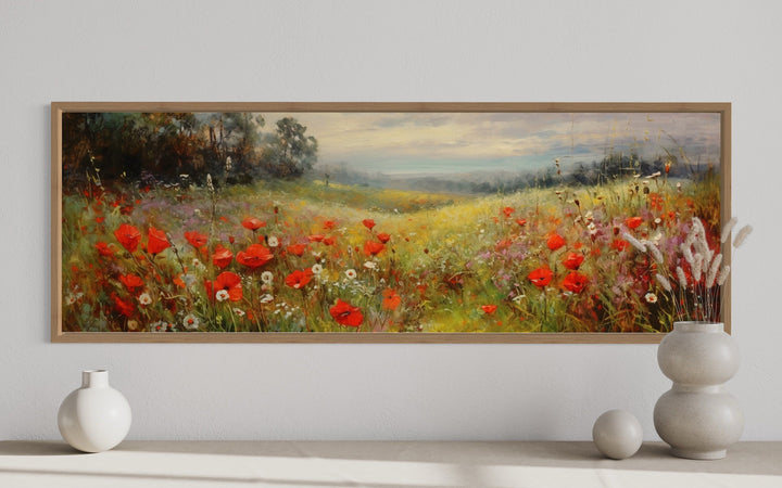 Colorful Red Wildflowers Field Vintage Horizontal Framed Canvas Wall Art