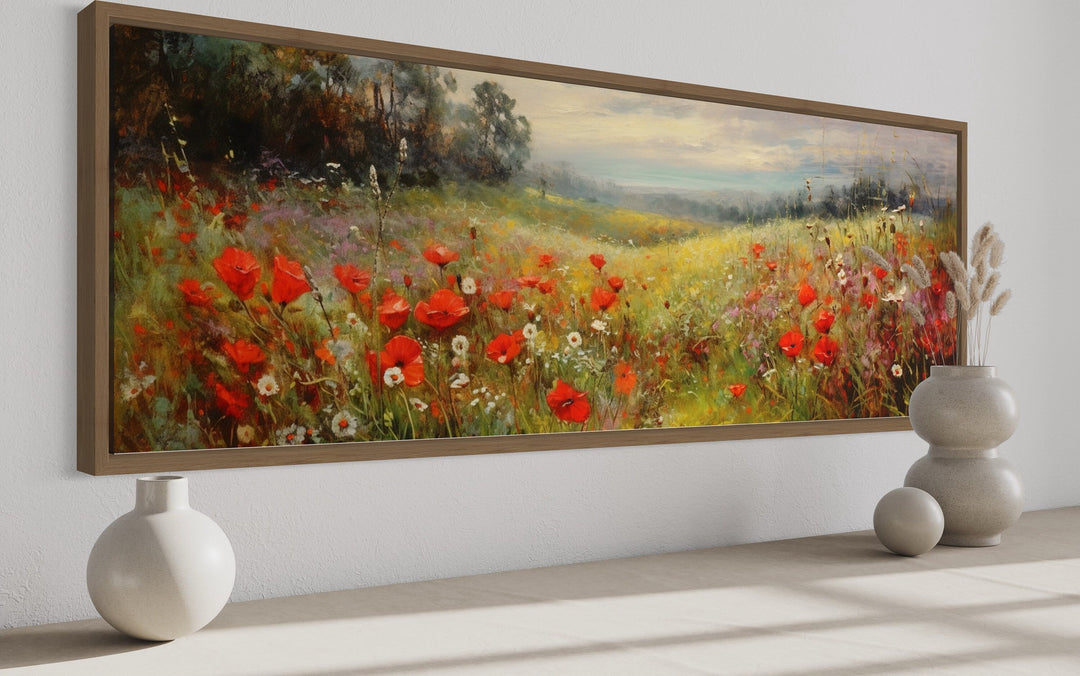 Wall Art For Bedroom - Colorful Red Wildflowers Field Vintage Horizontal Framed Canvas Wall Art