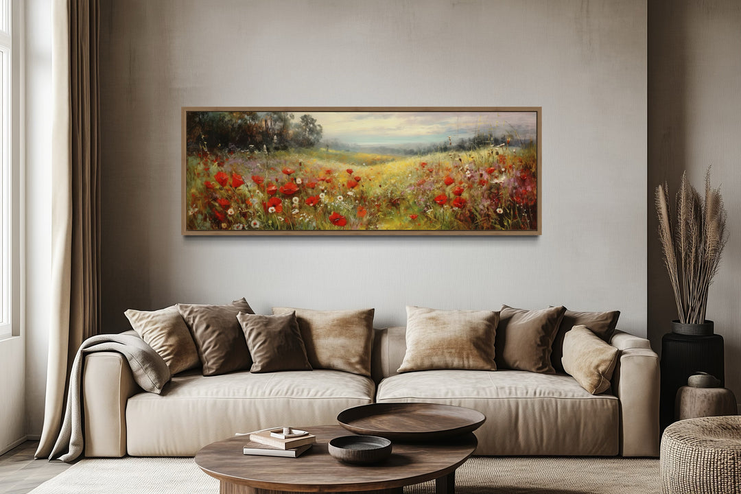 Wall Art For Bedroom - Colorful Red Wildflowers Field Vintage Horizontal Framed Canvas Wall Art