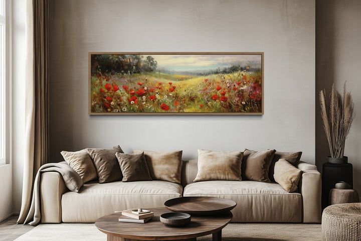 Wall Art For Bedroom - Colorful Red Wildflowers Field Vintage Horizontal Framed Canvas Wall Art