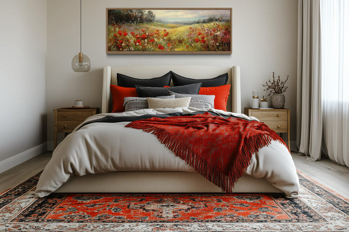 Colorful Red Wildflowers Field Vintage Horizontal Framed Canvas Wall Art