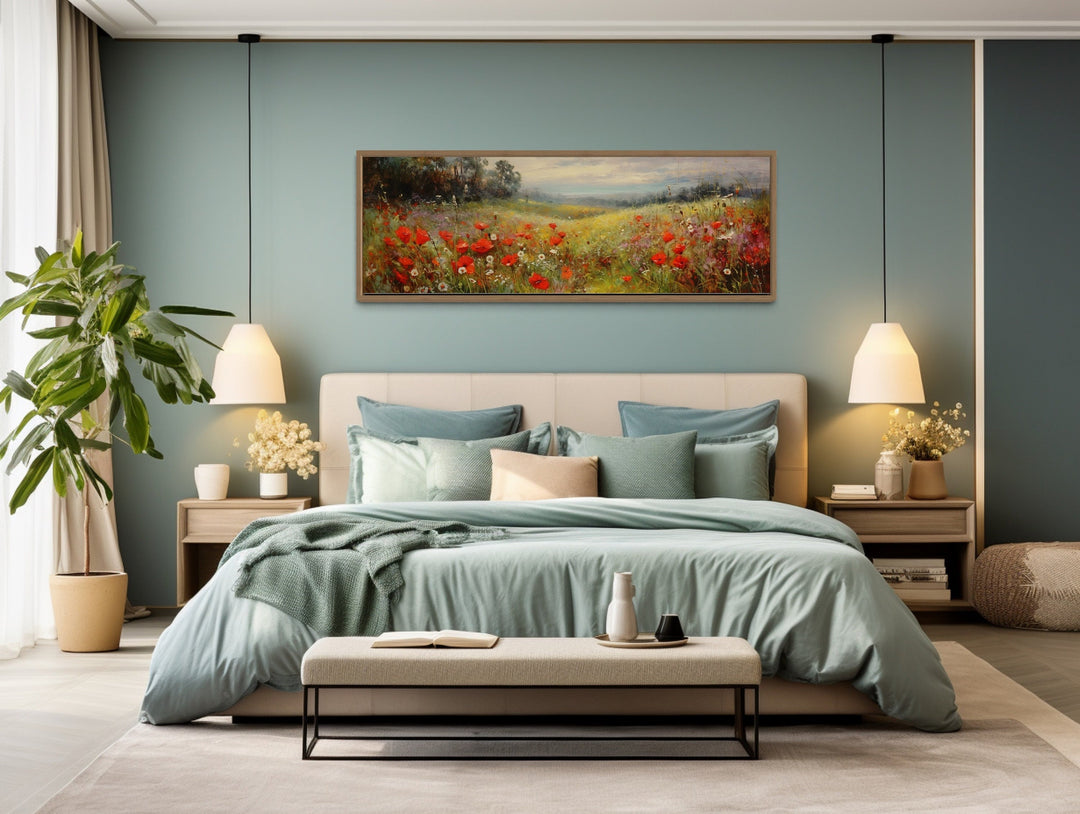 Wall Art For Bedroom - Colorful Red Wildflowers Field Vintage Horizontal Framed Canvas Wall Art