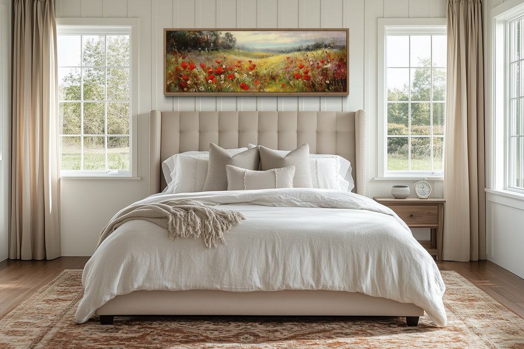 Colorful Red Wildflowers Field Vintage Horizontal Framed Canvas Wall Art