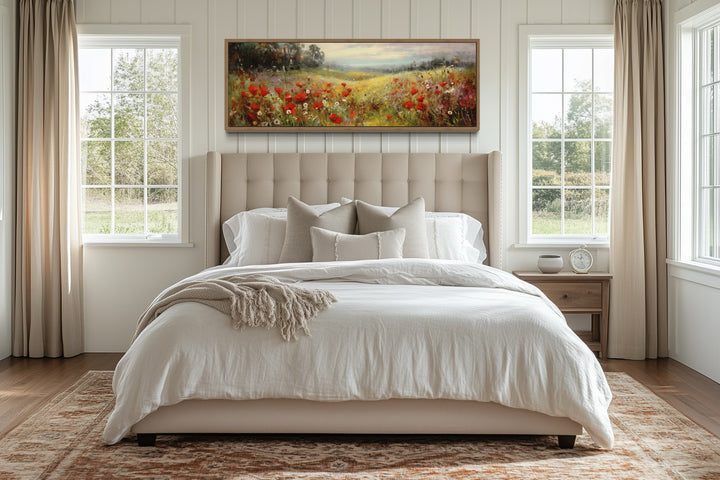 Colorful Red Wildflowers Field Vintage Horizontal Framed Canvas Wall Art