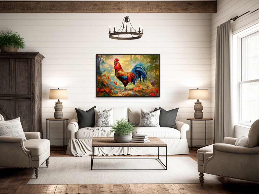 Colorful Rooster Painting Framed Farmhouse Canvas Wall Art