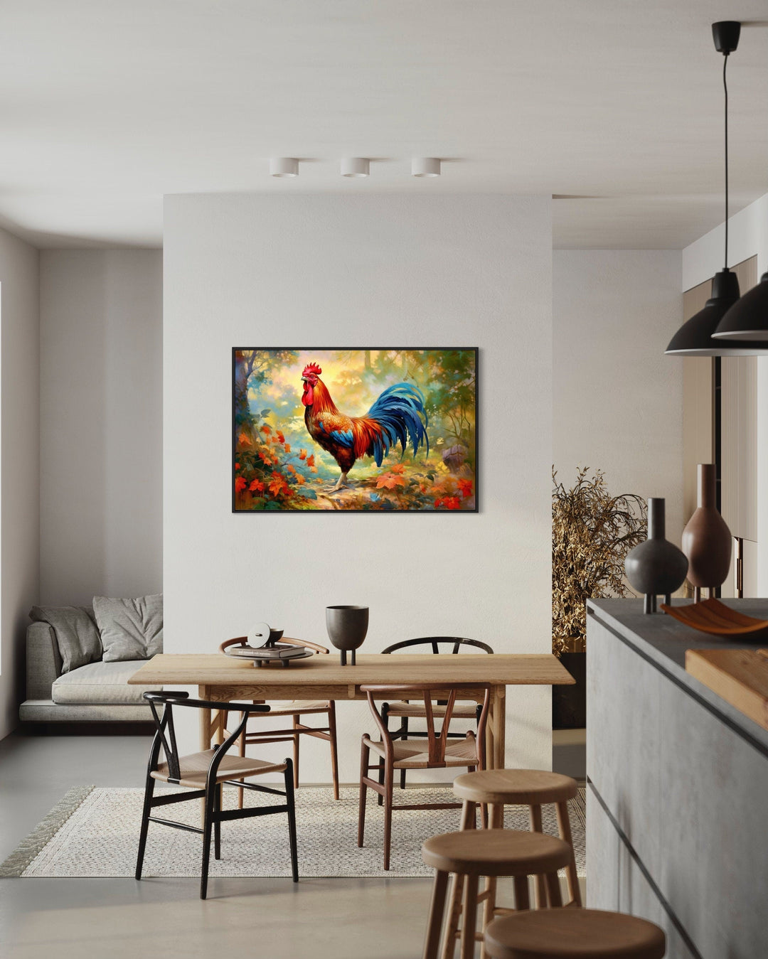 Colorful Rooster Painting Framed Farmhouse Canvas Wall Art