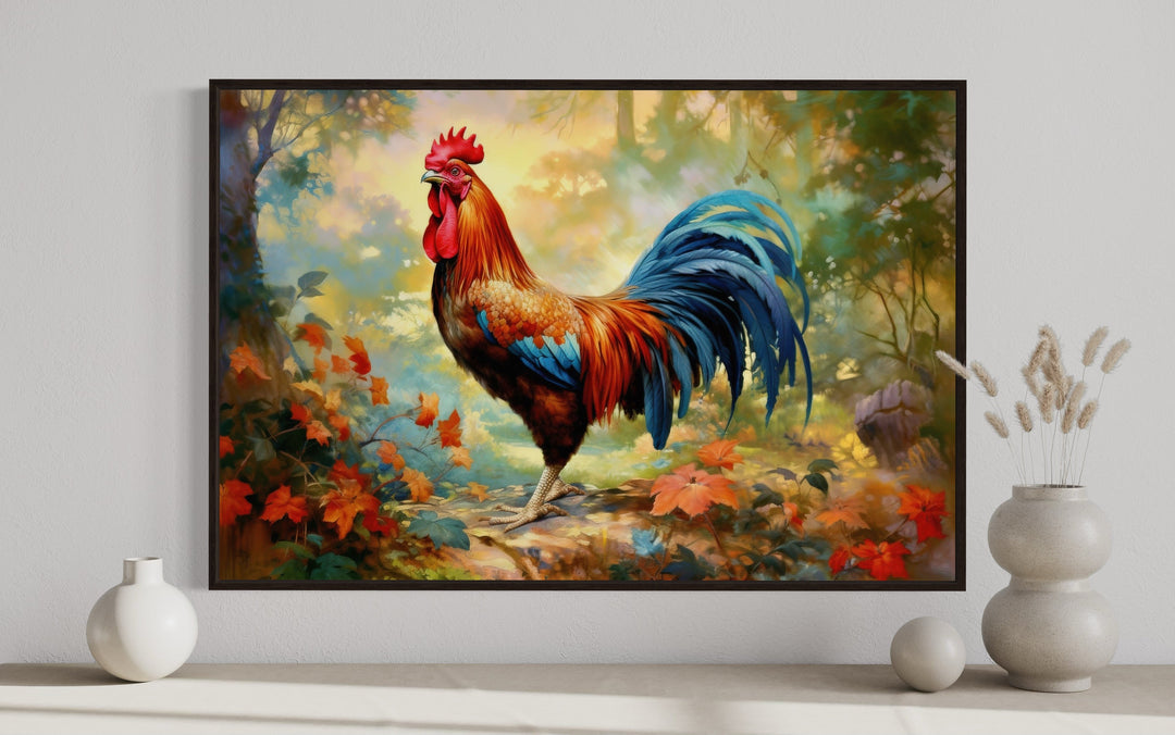 Colorful Rooster Painting Framed Farmhouse Canvas Wall Art