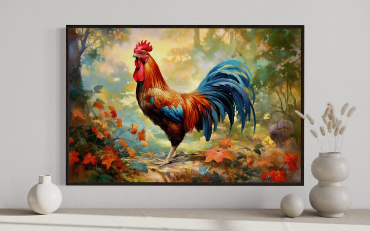 Colorful Rooster Painting Framed Farmhouse Canvas Wall Art