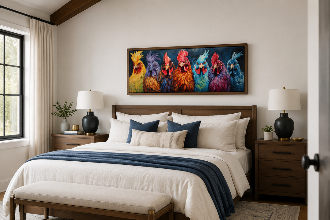 Horizontal farmhouse wall art featuring seven colorful roosters above a bed in a bedroom.