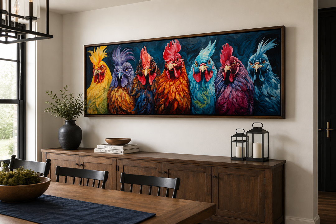 Colorful roosters and chickens horizontal farmhouse wall art in a dark wood frame above a sideboard.