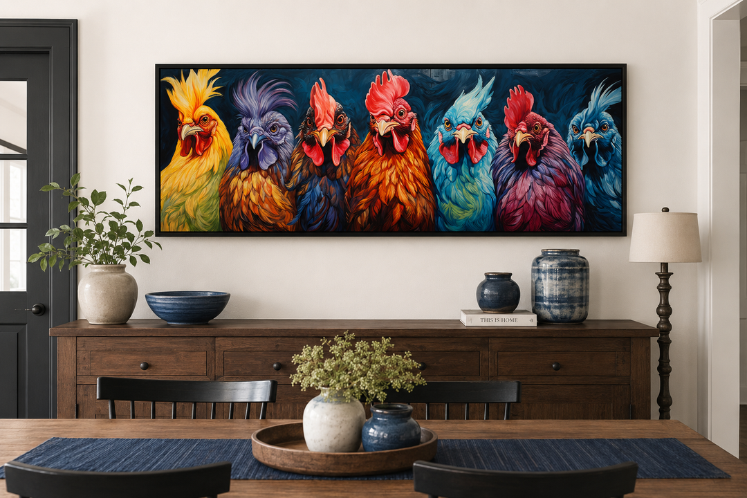 Colorful horizontal canvas wall art of seven roosters above a wooden sideboard in a dining room.