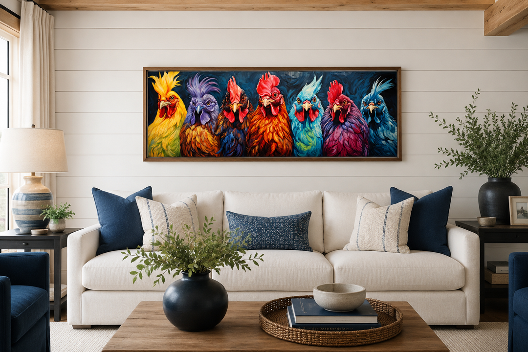 Colorful horizontal farmhouse wall art featuring seven vibrant roosters above a white sofa.