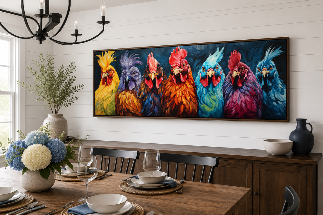 Colorful roosters and chickens horizontal farmhouse wall art in a dining room setting.