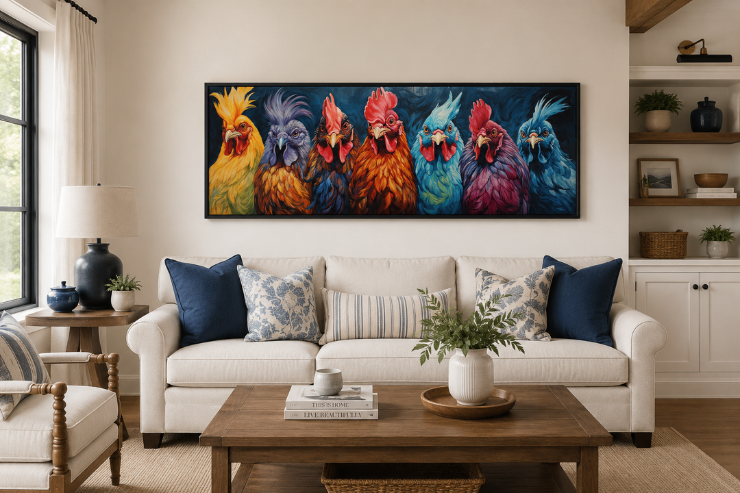 Colorful roosters and chickens horizontal farmhouse wall art above a sofa in a living room.