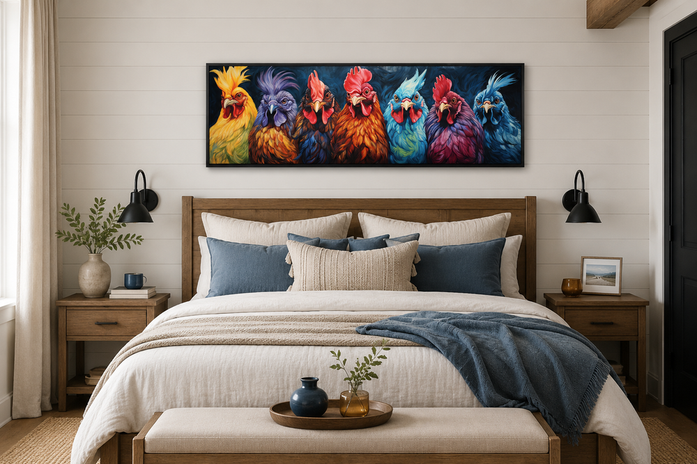 Panoramic farmhouse wall art featuring seven colorful roosters in a row above a bed.