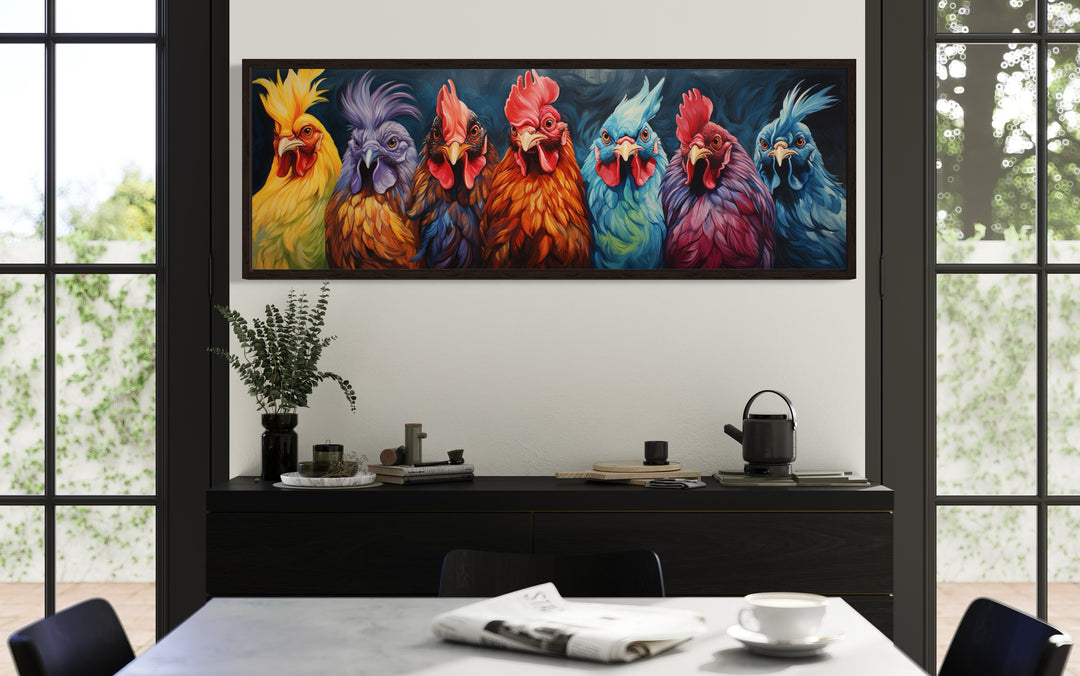 Horizontal farmhouse wall art featuring seven colorful, detailed roosters in a vibrant row.