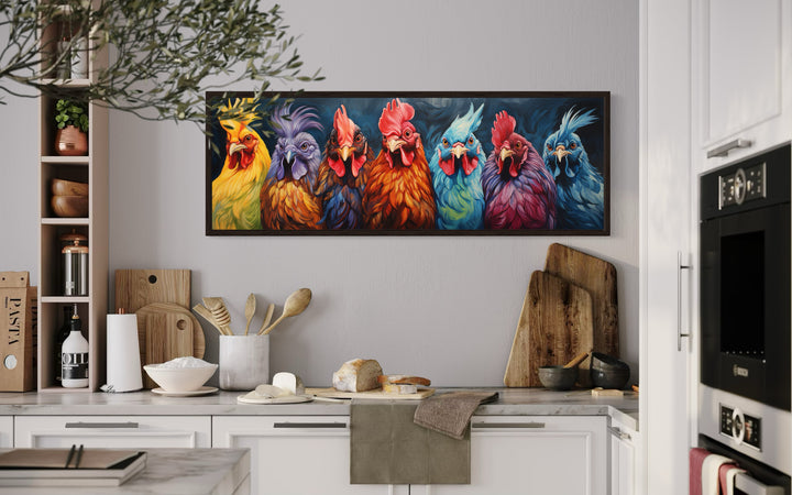 Horizontal farmhouse wall art featuring seven colorful roosters in a kitchen setting.