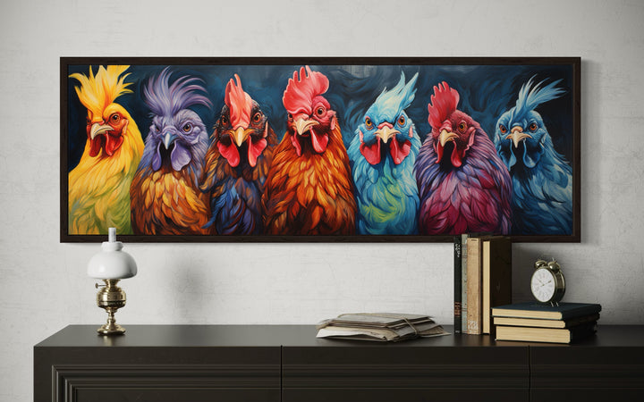 Colorful roosters and chickens horizontal farmhouse wall art above a dark wood console table.