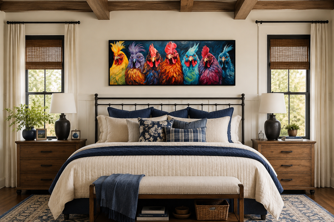 Colorful horizontal farmhouse wall art featuring vibrant roosters above a bed in a rustic bedroom.