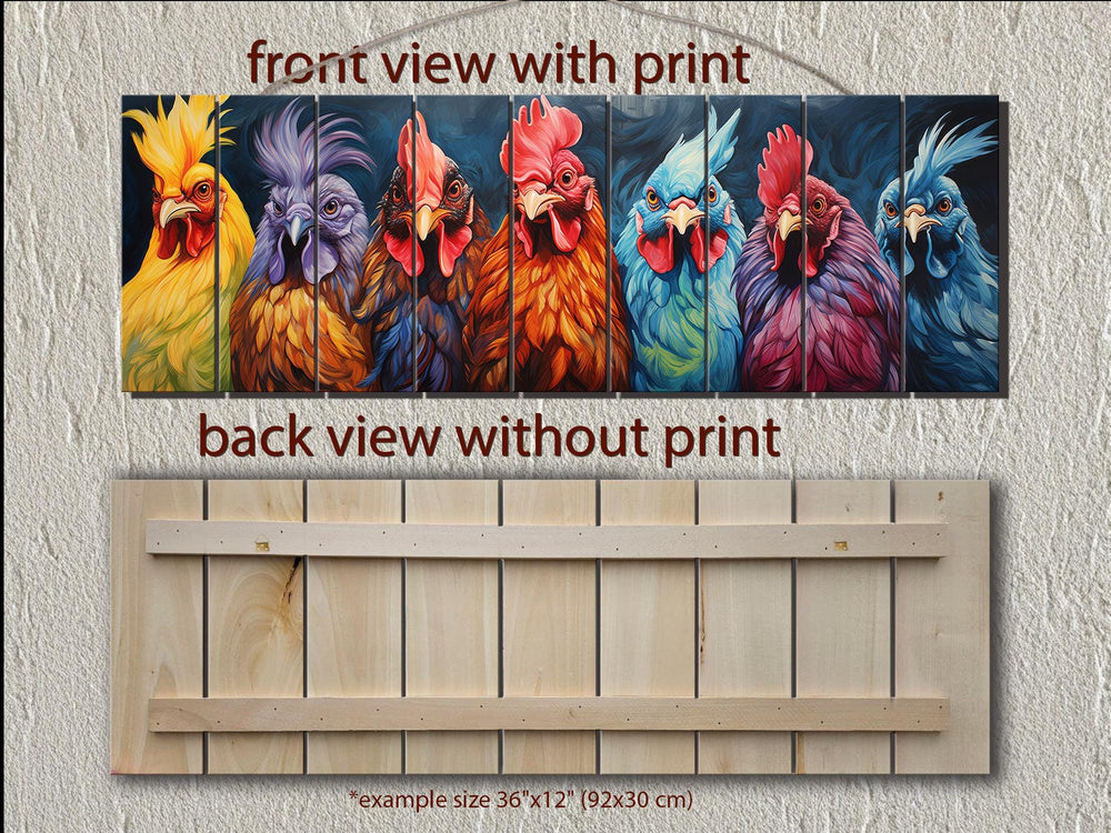 Colorful Roosters Long Narrow Wood Wall Art For Farmhouse Decor