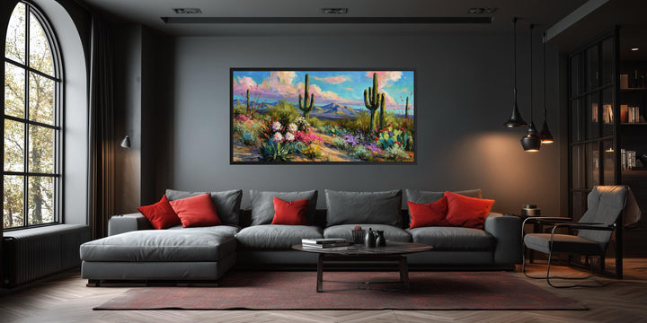 Colorful Saguaro Cactus and Wildflower Desert Canvas Wall Art displayed in a modern living room.