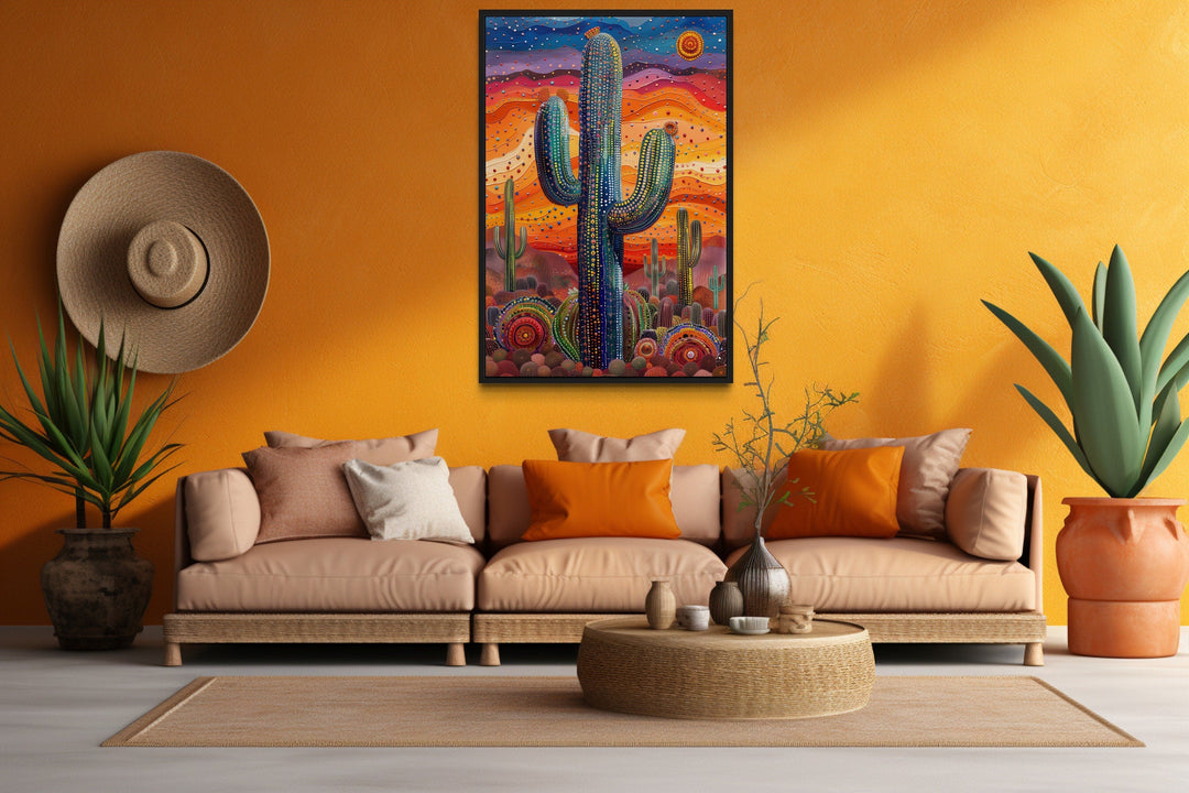 Colorful Saguaro Cactus Traditional Mexican Framed Canvas Wall Art