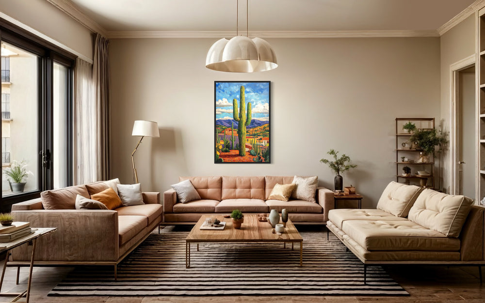 Colorful Saguaro Cactus Traditional Mexican Framed Canvas Wall Art