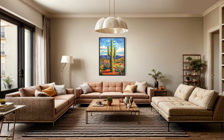 Colorful Saguaro Cactus Traditional Mexican Framed Canvas Wall Art