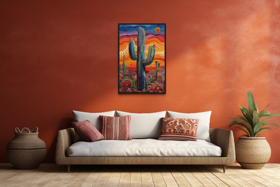 Colorful Saguaro Cactus Traditional Mexican Framed Canvas Wall Art