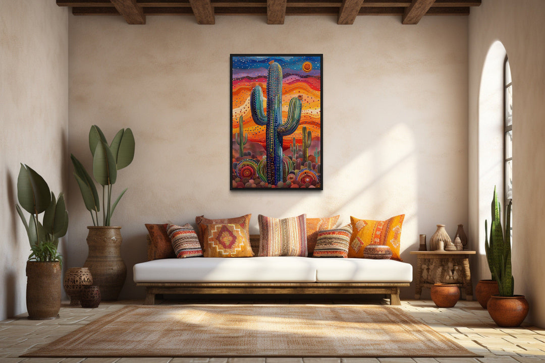 Colorful Saguaro Cactus Traditional Mexican Framed Canvas Wall Art