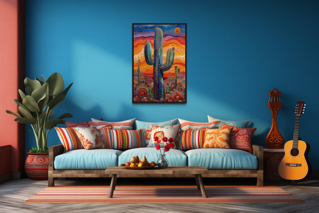 Colorful Saguaro Cactus Traditional Mexican Framed Canvas Wall Art